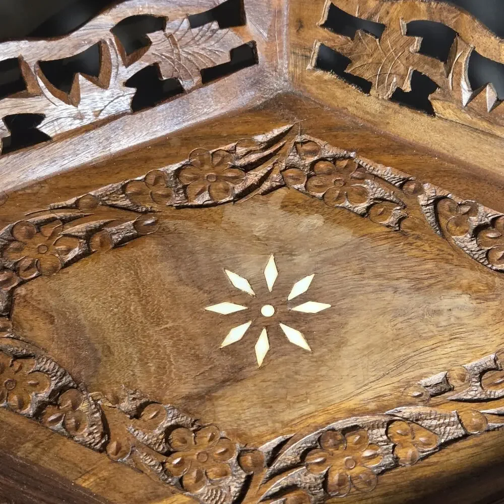 Hand Carved Wooden Bowl Tray 6 Sides Floral Leaf White Inlay Open Work Border